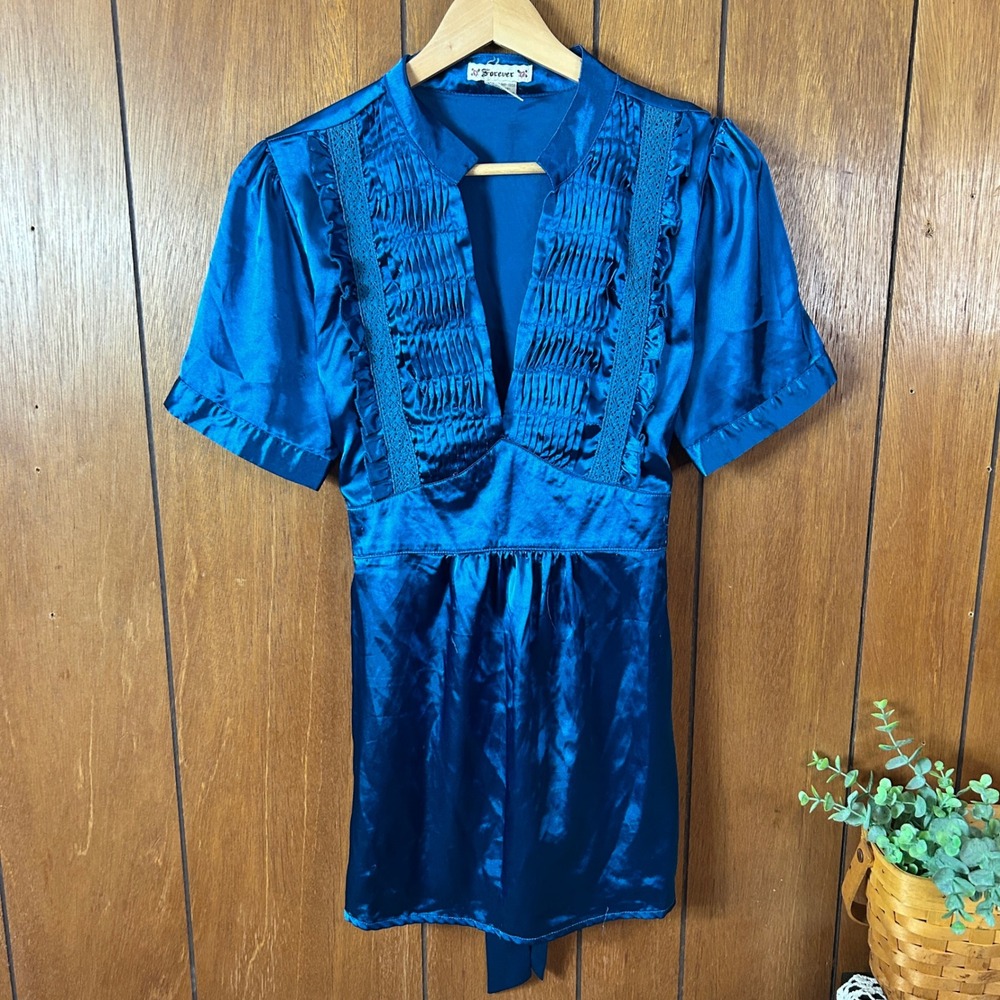 Vintage‎ Forever 21 Teal Y2K Pleated Ruched V Neck Short Sleeve Top Babydoll - Picture 2 of 8